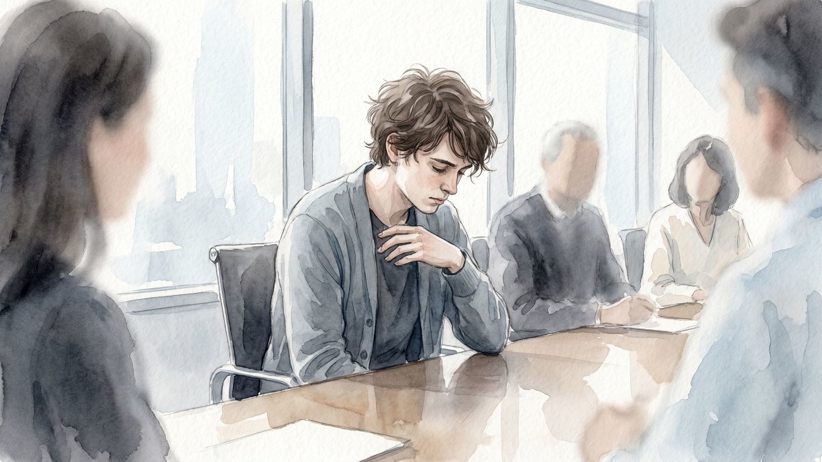Jeune adulte se sentant observé lors d'une réunion, illustration aquarelle