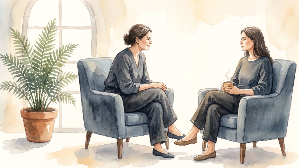 Consultation de thérapie apaisée entre deux personnes, illustration aquarelle