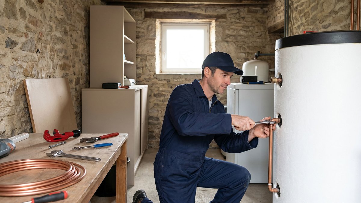 Technicien installant le ballon de stockage d'un chauffe eau solaire individuel dans une maison