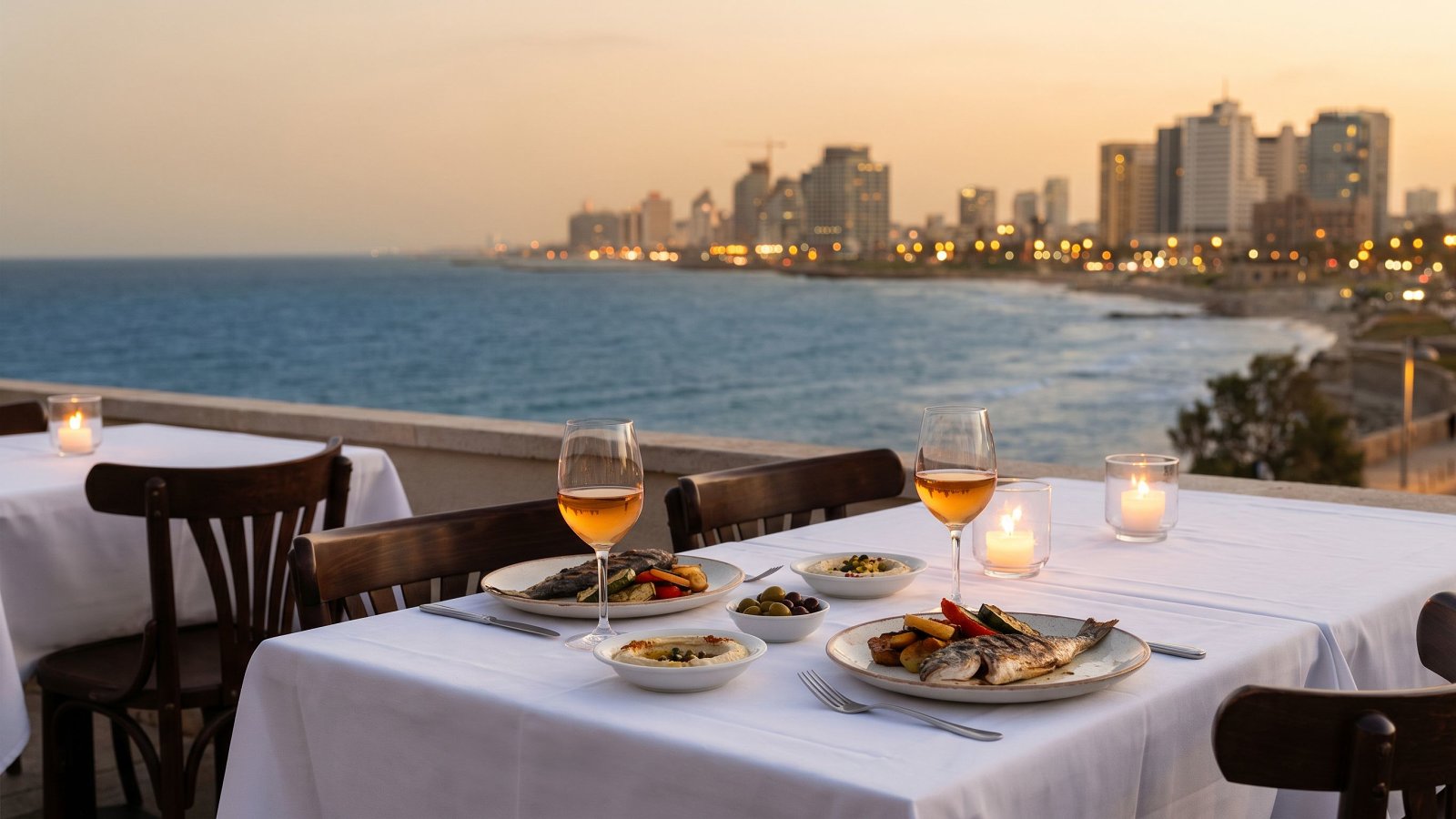 A kosher fine-dining table set at dusk on a Tel Aviv seafront terrace