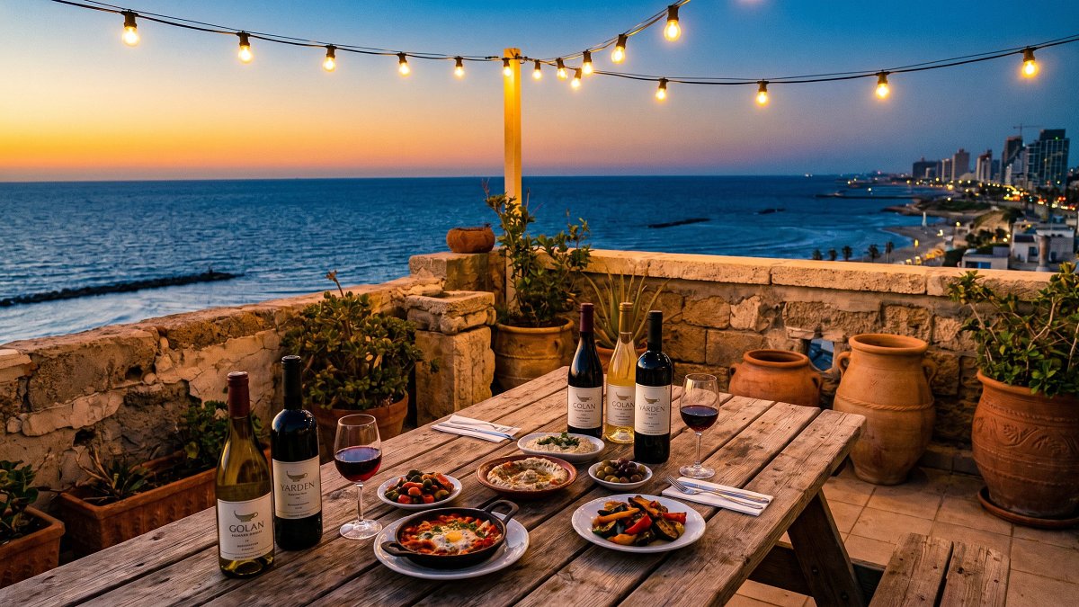 A Tel Aviv rooftop dining terrace set for a slow kosher evening at golden hour
