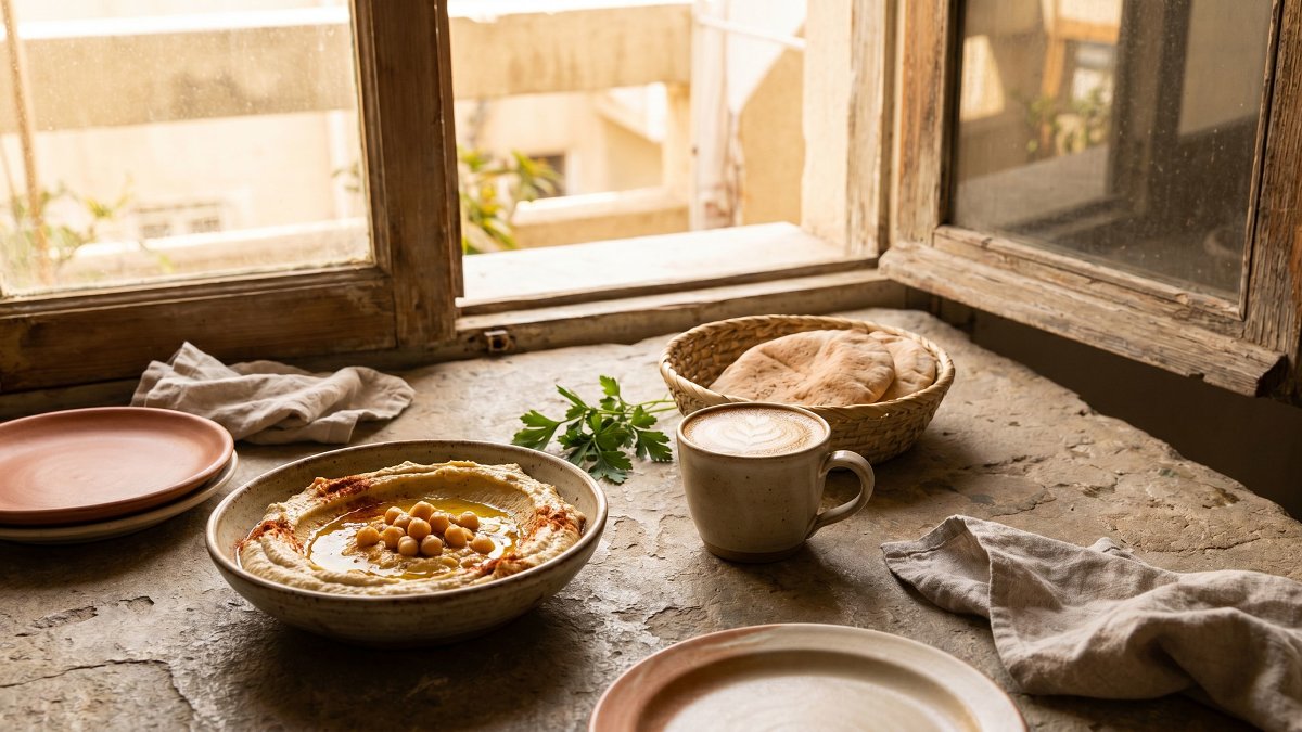 A Jaffa morning kosher table with fresh hummus and a specialty coffee