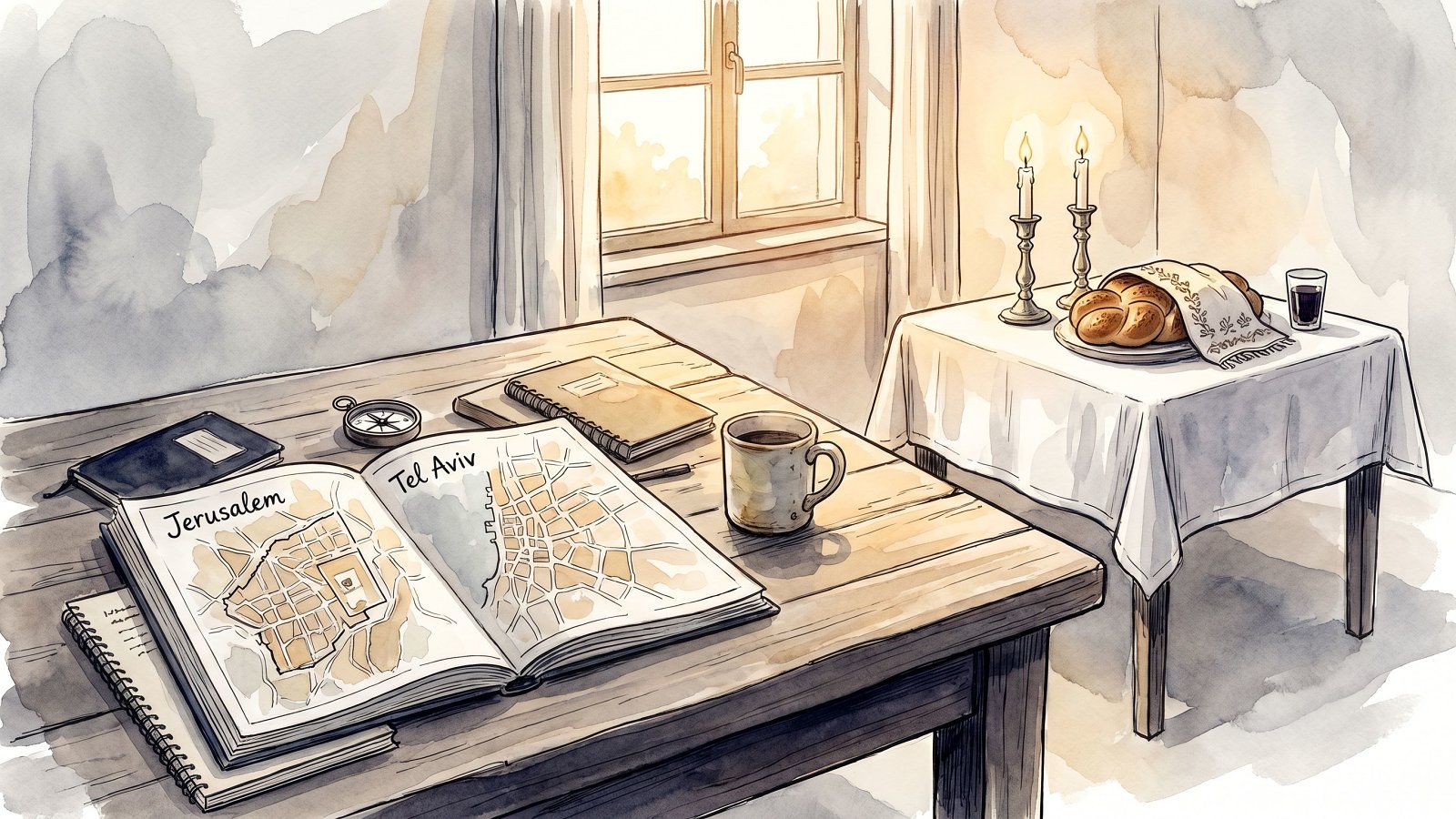 Planning a first trip to Israel: a map of Jerusalem and Tel Aviv beside a set Shabbat table