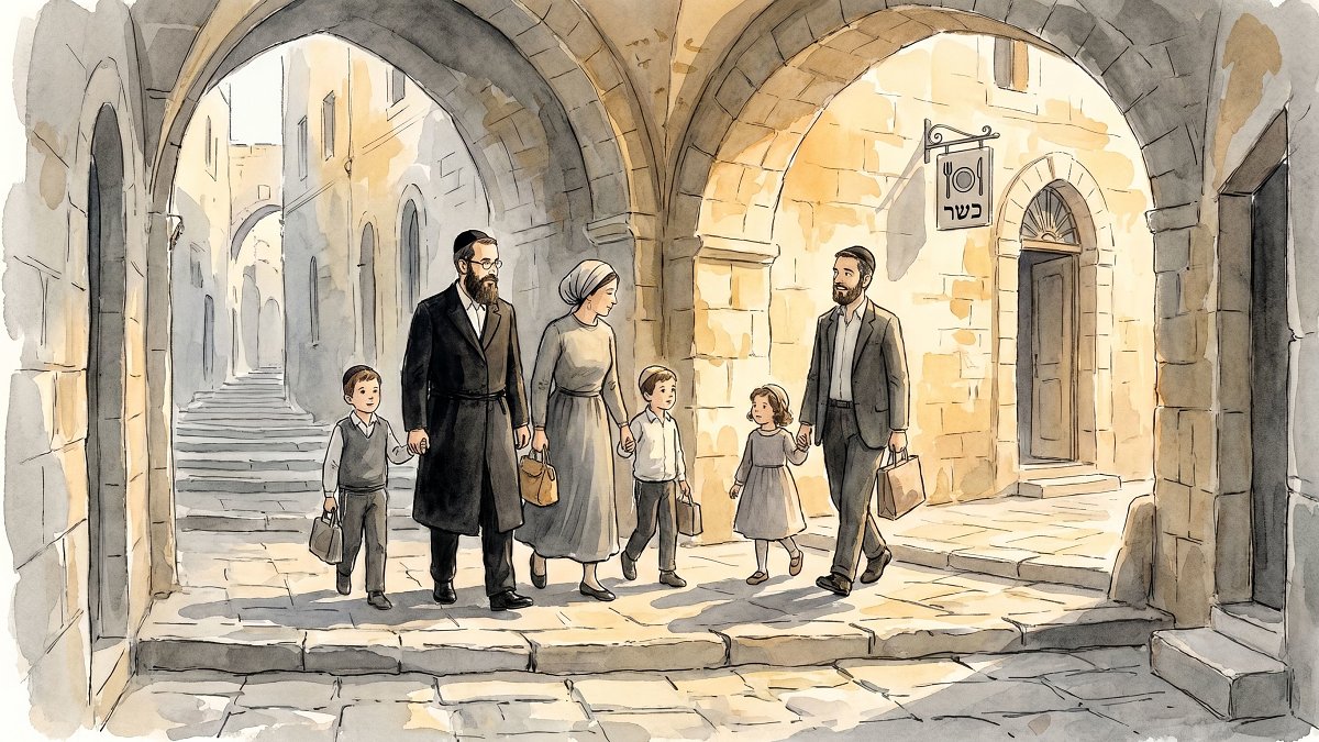 An observant Jewish family walking the Old City of Jerusalem toward a kosher meal in late afternoon light