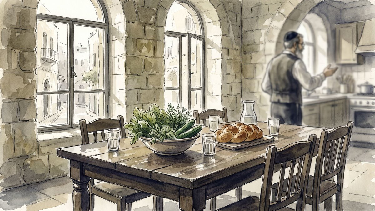 A kosher dining table in a Jerusalem stone-walled restaurant with inspected greens and warm bread