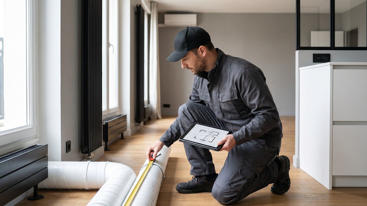 Installateur vérifiant le réseau de gaines d'une VMC double flux