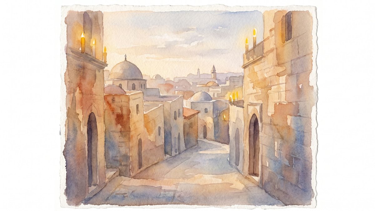Watercolor of quiet Jerusalem Old City stone lanes at golden hour on Shabbat
