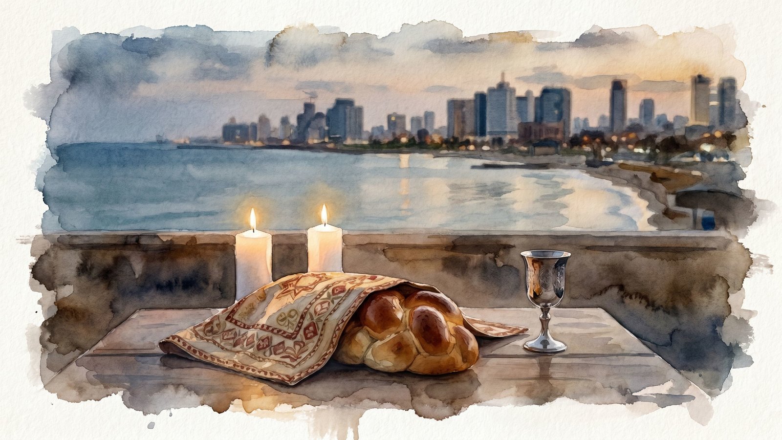 Watercolor of a Friday-night Shabbat table on a Tel Aviv hotel terrace at dusk