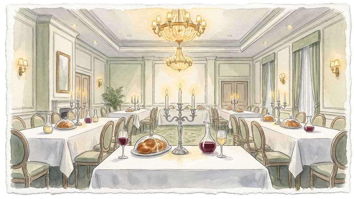 Watercolor of a kosher hotel dining room set for Shabbat before guests arrive