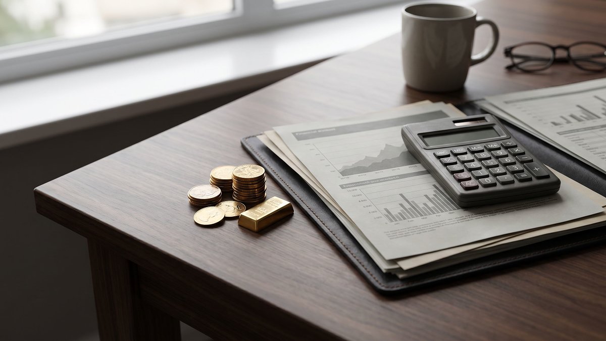 Pièces d'or et lingotin posés près de documents financiers et d'une calculatrice