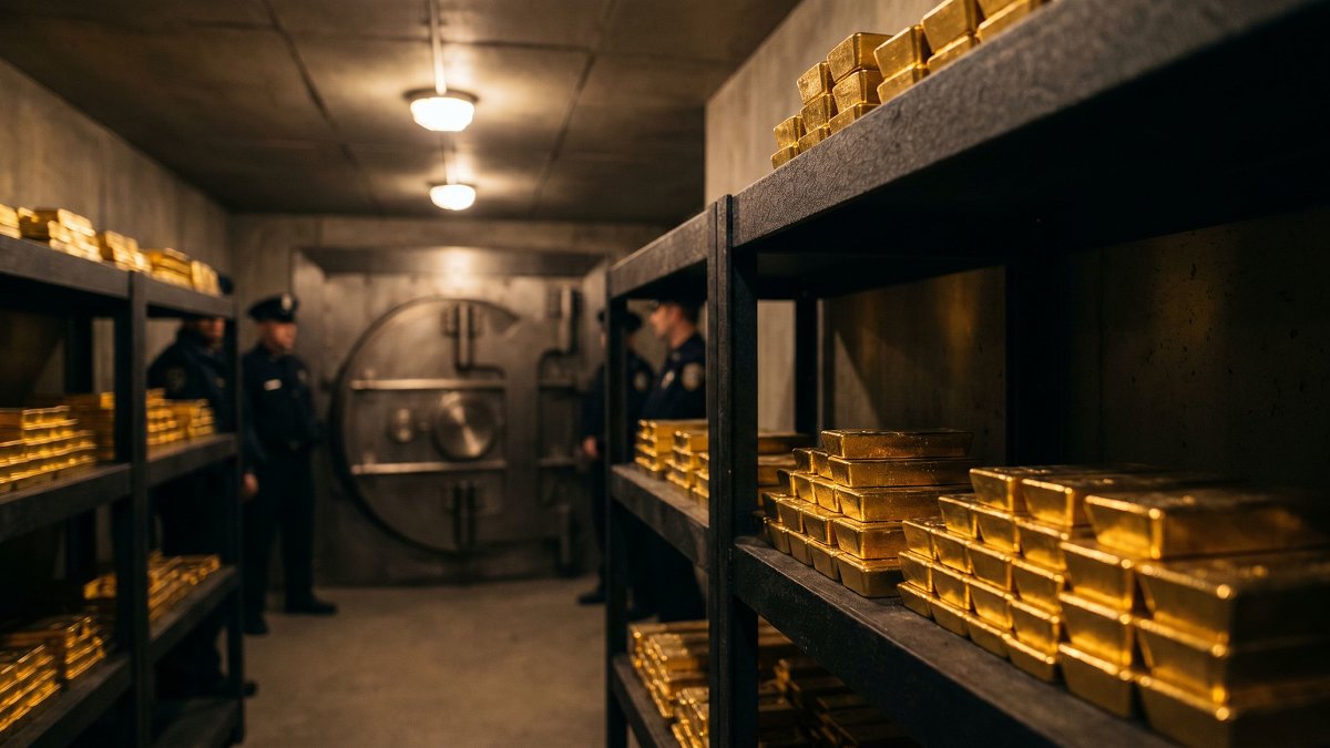Lingots d'or empilés dans une chambre forte sécurisée