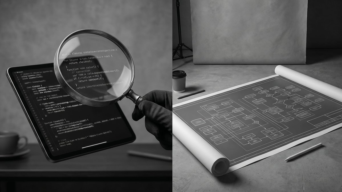 Conceptual contrast between a code audit and an architecture review in technical due diligence
