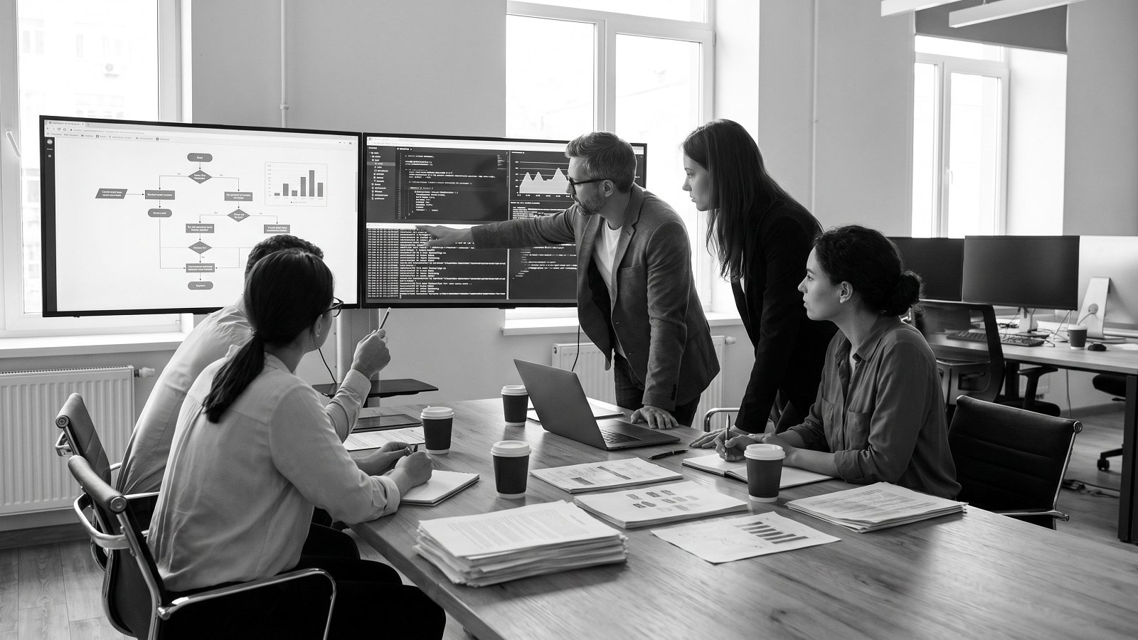 Engineers reviewing software architecture and security dashboards during a technical due diligence engagement
