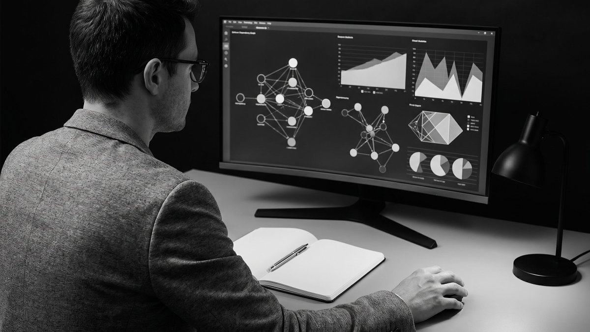 Analyst inspecting a software dependency graph and code-quality metrics during a technical due diligence review