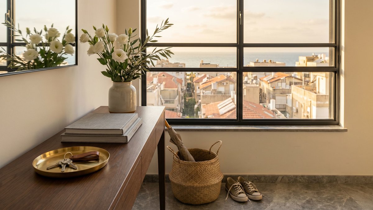 Entrée d'appartement à Tel Aviv avec clés et accueil soigné, vue sur la ville
