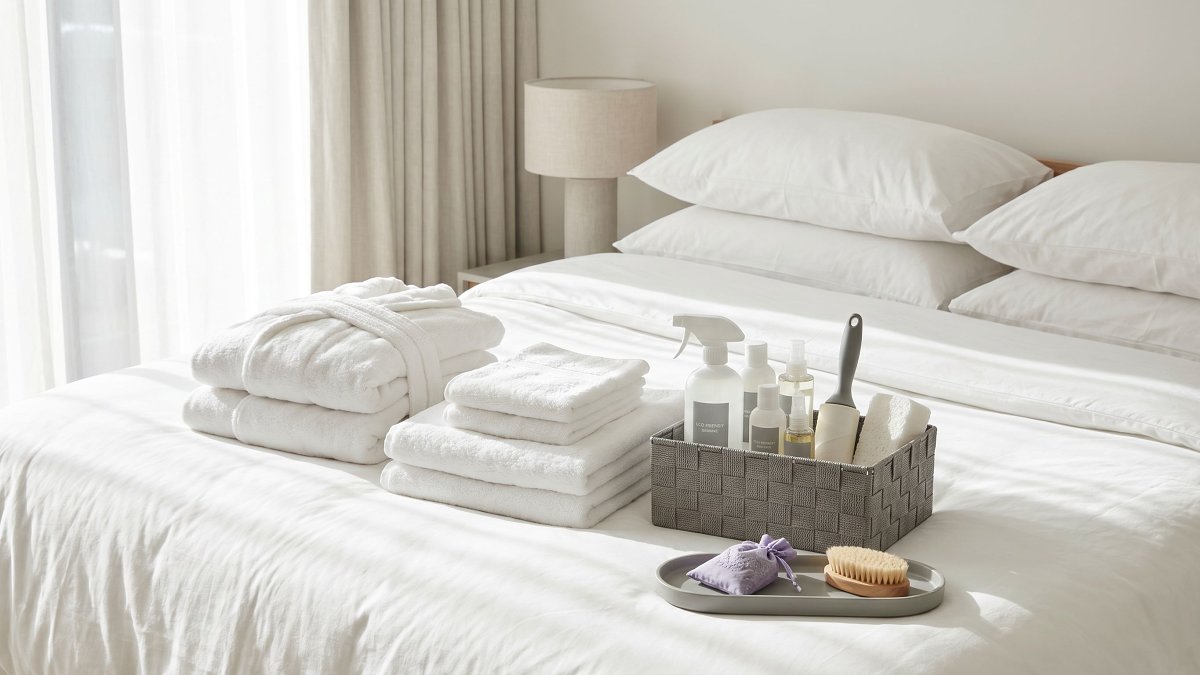Linge hôtelier et fournitures de ménage préparés pour une rotation en location courte durée