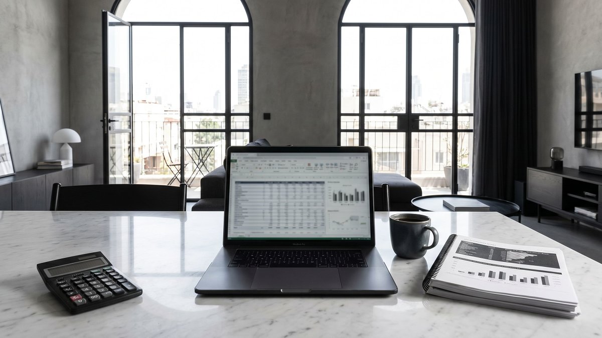 Tableur de calcul du rendement net et calculatrice sur une table en marbre dans un appartement de Tel Aviv