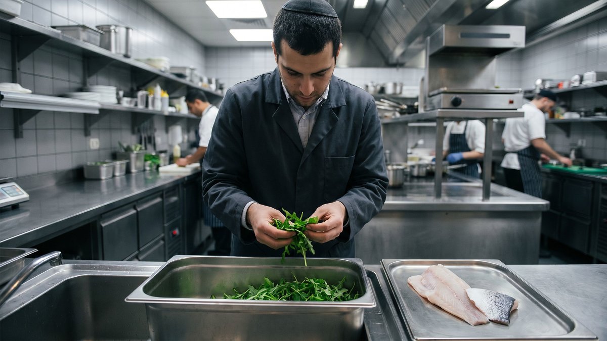 A kosher supervisor inspecting leafy greens beside a fish fillet with a patch of scaled skin