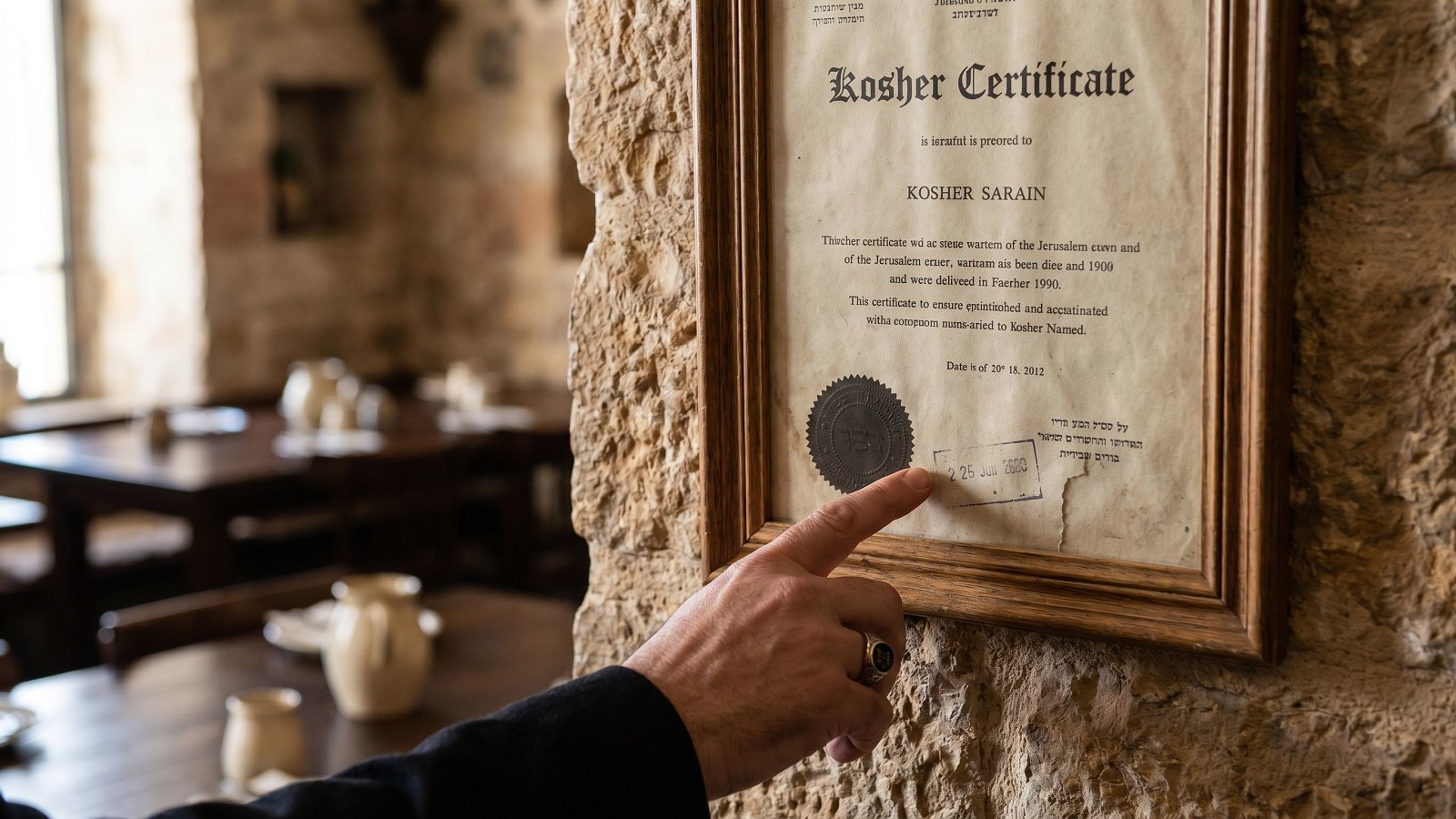 A kosher supervisor pointing to the stamp on an Israeli kashrut certificate