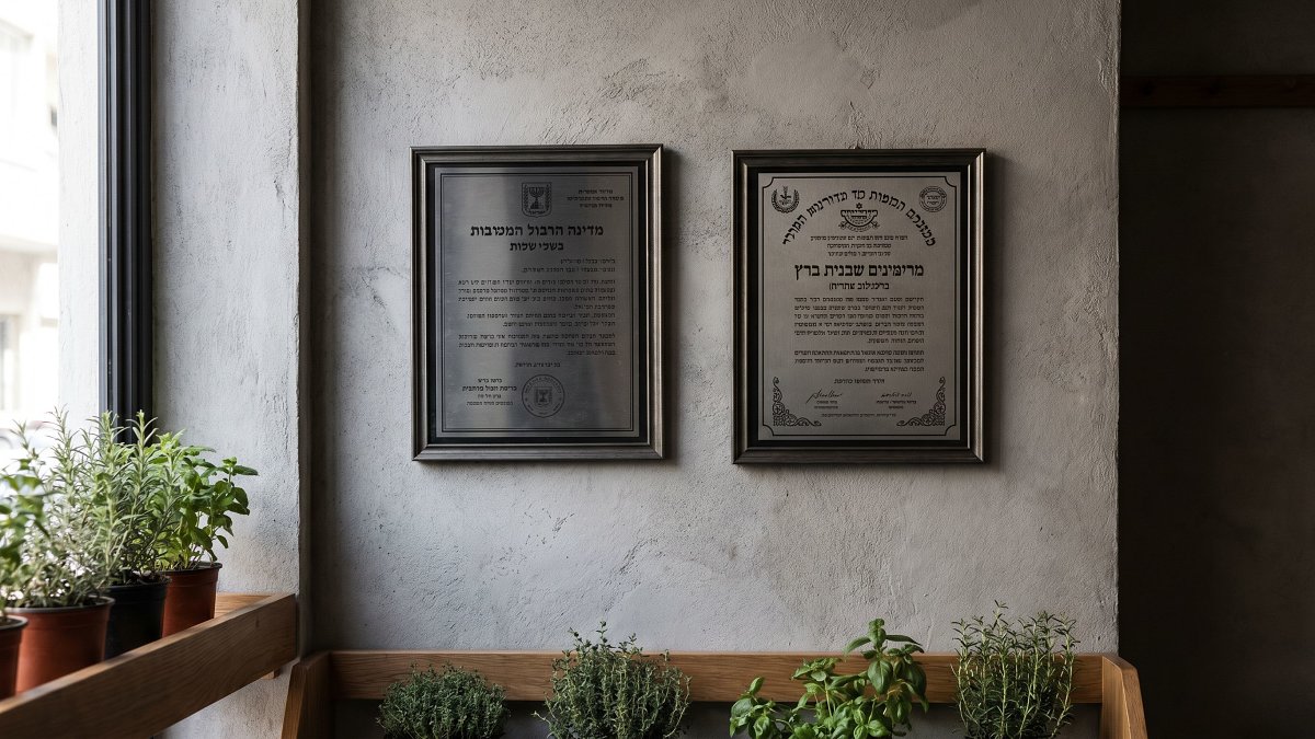 A Rabbinate certificate and a private Badatz certificate side by side on a restaurant wall