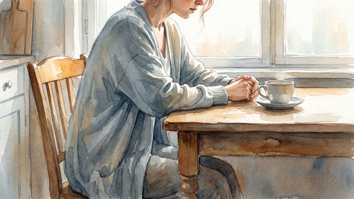 Une personne assise à une table dans la lumière douce du matin, évoquant la fatigue d'une dépression majeure