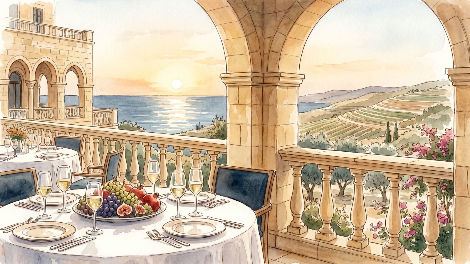 Watercolor of a kosher hotel terrace in Israel overlooking the Mediterranean at golden hour