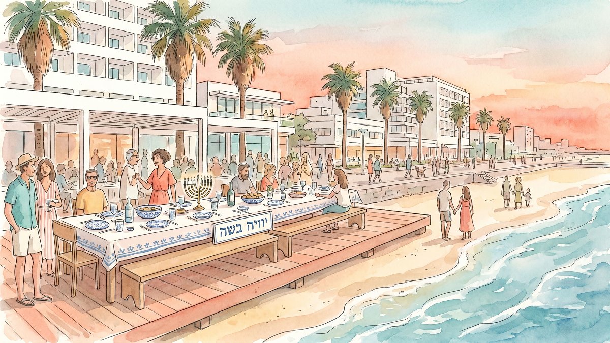 Watercolor of a Tel Aviv beachfront kosher hotel terrace at sunset