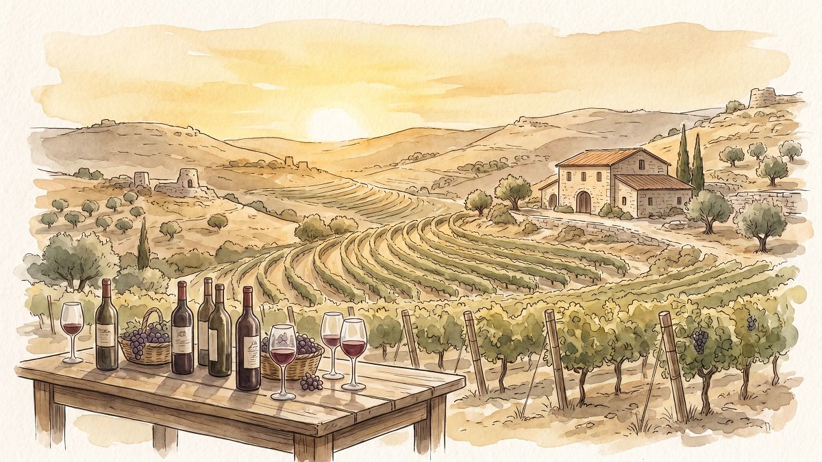 Watercolor of a terraced Judean Hills vineyard with a rustic wine tasting table