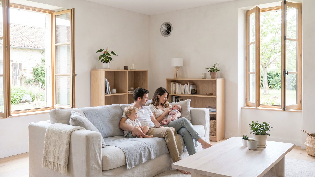 Famille détendue dans un salon rénové et bien ventilé baigné de lumière naturelle
