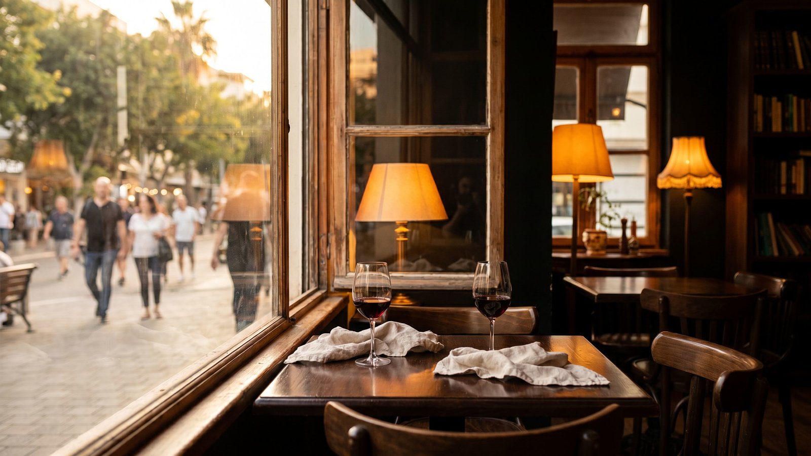 A window two-top set for two in a warm kosher Tel Aviv restaurant at golden hour