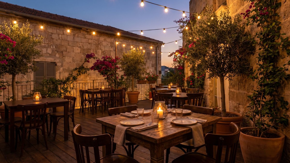 A candlelit kosher restaurant terrace deck in Neve Tzedek Tel Aviv at dusk