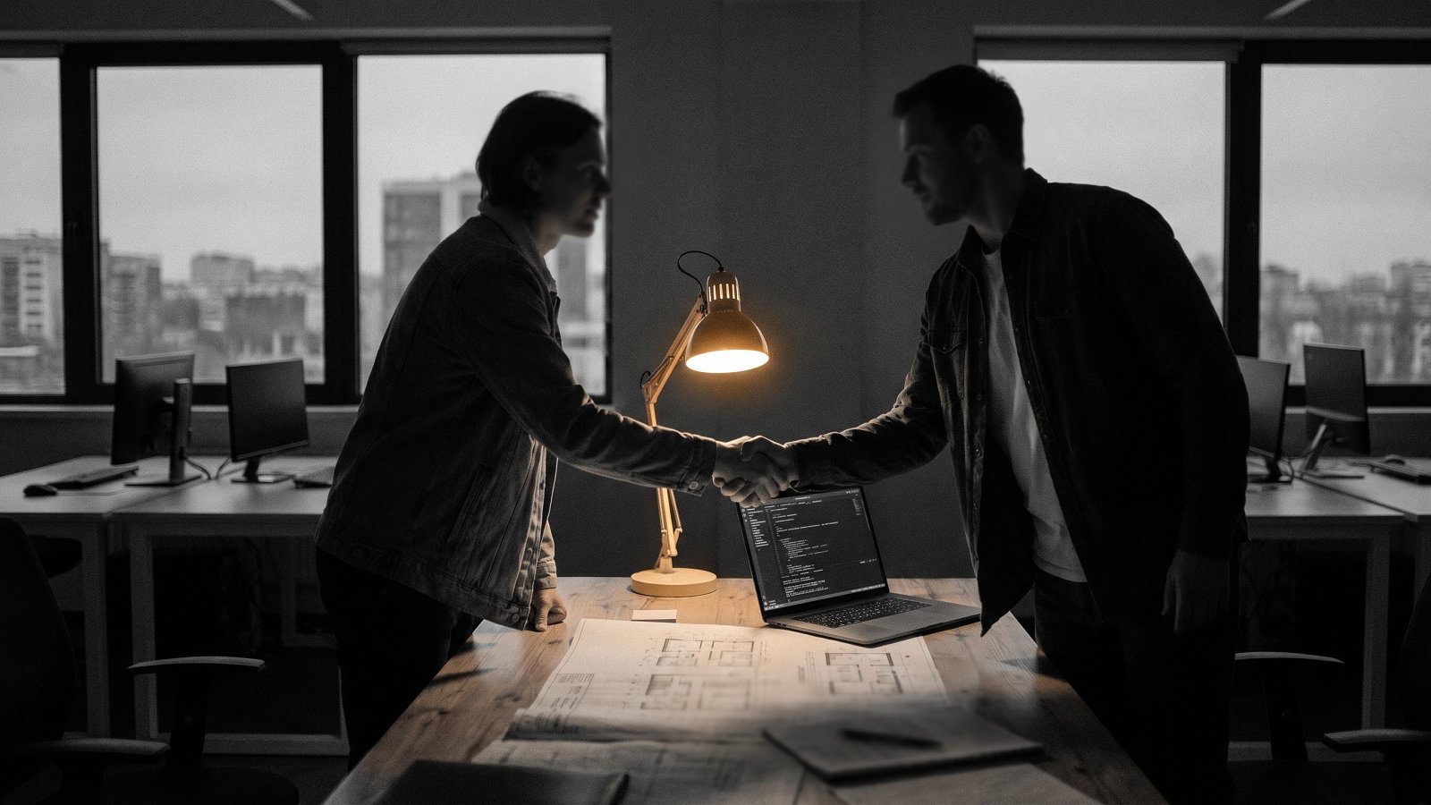 Two engineers shaking hands over architecture diagrams during a CTO handoff to permanent hire