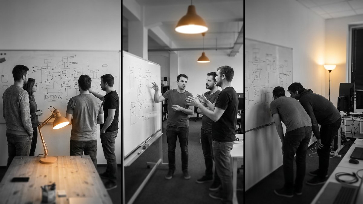 Three startup team workspaces with architecture sketches on whiteboards