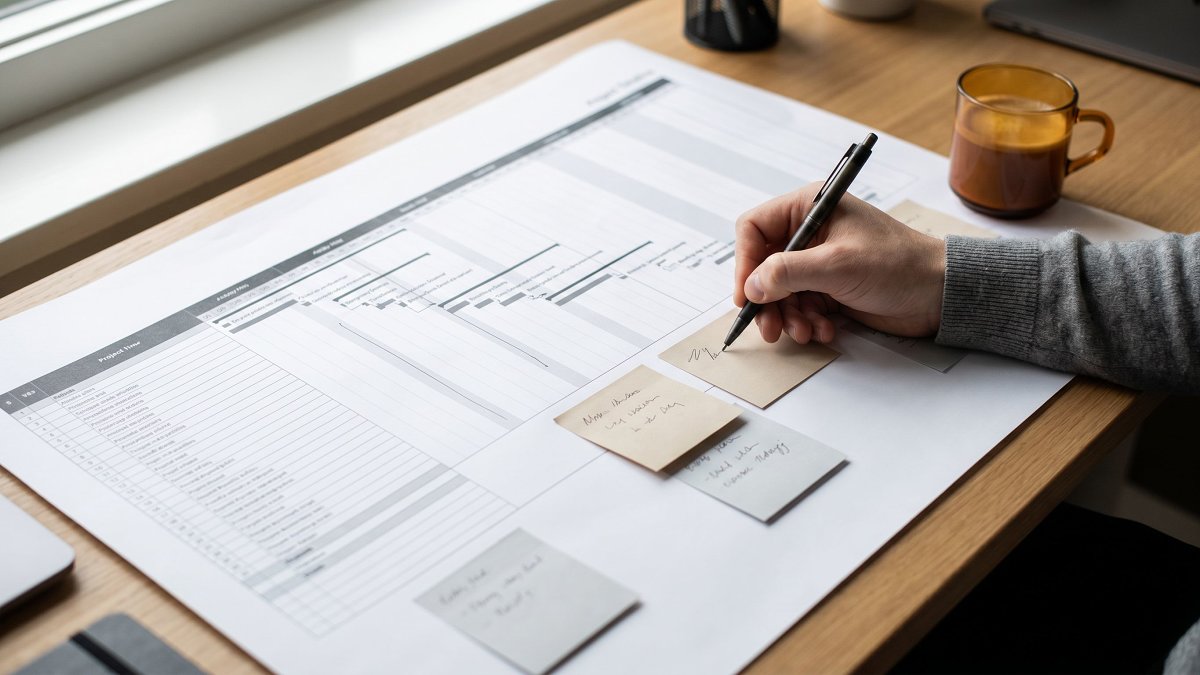 A printed multi-phase handoff timeline annotated by hand on a desk