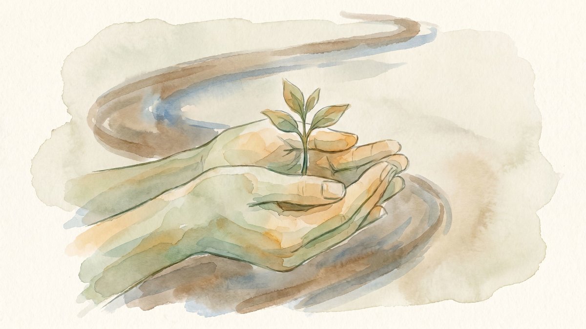 Illustration aquarelle de mains soutenant une pousse, symbole d'accompagnement et de soin