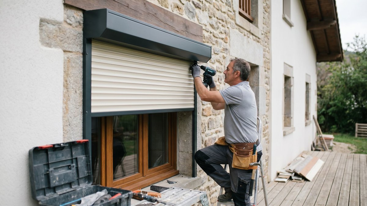 Artisan posant des volets roulants extérieurs de protection solaire