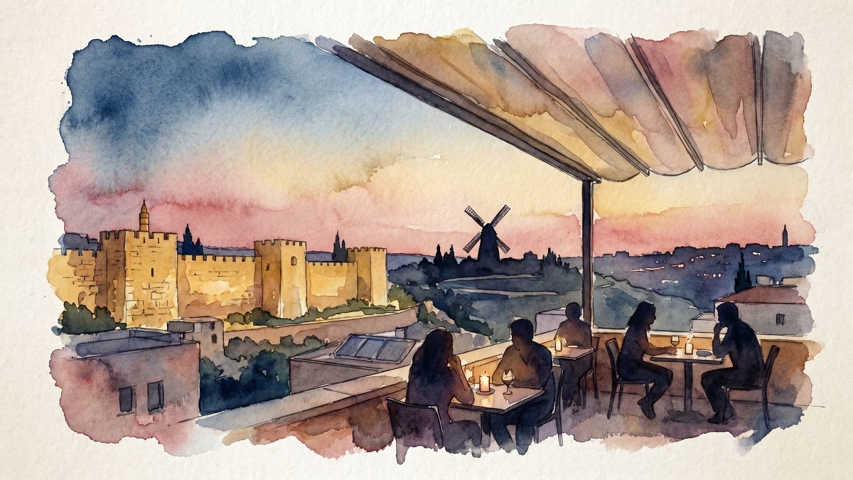 A Jerusalem evening skyline from a rooftop terrace, Old City walls and the Montefiore windmill at golden-hour dusk