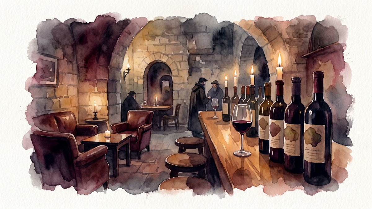 A dark Jerusalem kosher wine bar with Israeli red wine bottles and a single poured glass in warm candlelight