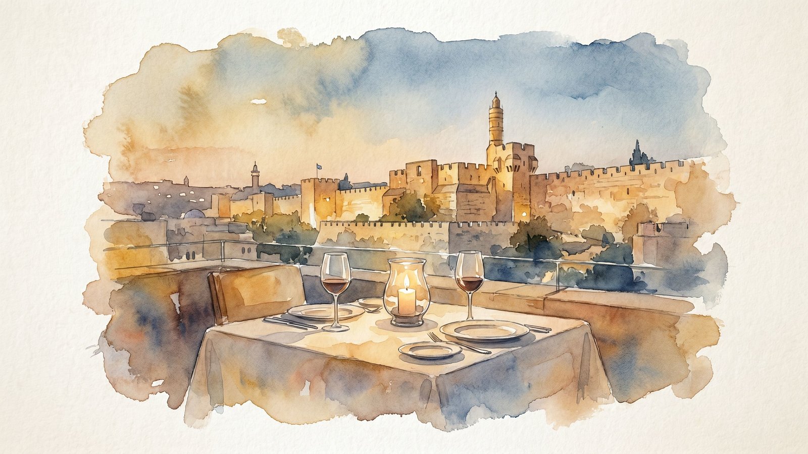 A candlelit anniversary table for two on a Jerusalem rooftop terrace facing the Old City walls at dusk