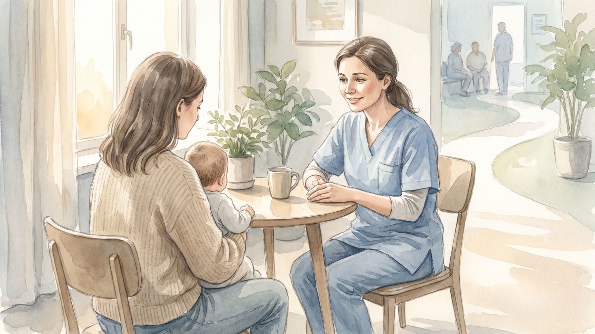 Illustration aquarelle d'un professionnel de santé à l'écoute d'un jeune parent, parcours de soin