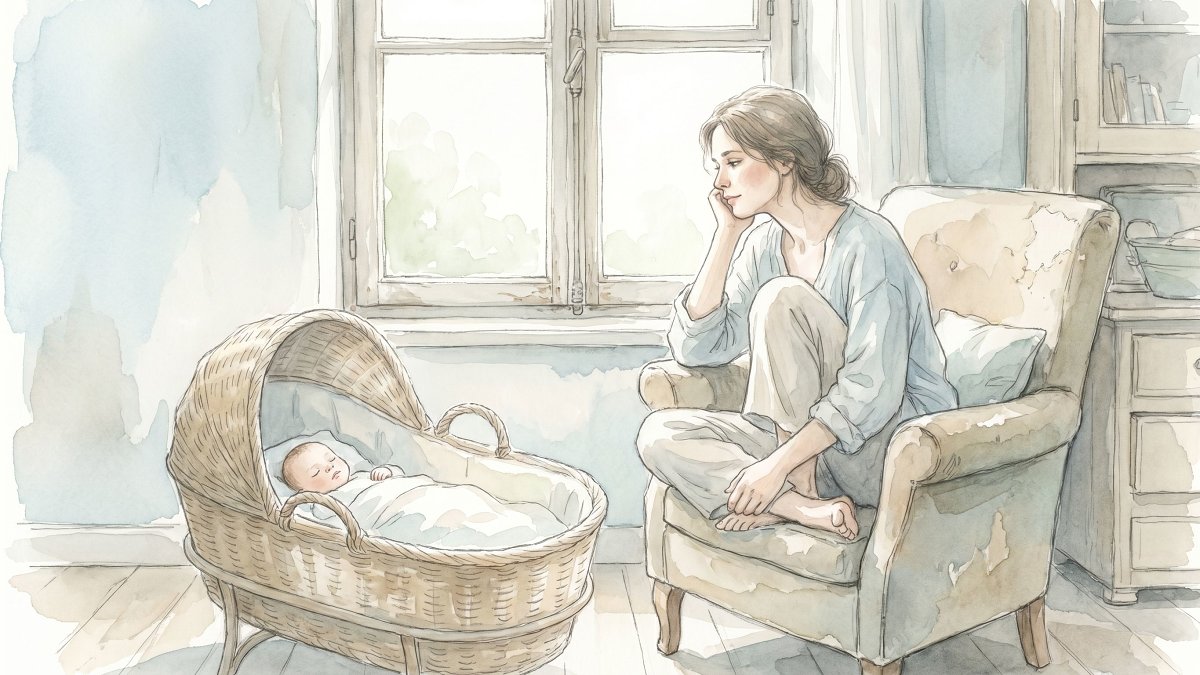 Illustration aquarelle d'une mère pensive près d'une fenêtre dans les premiers jours après la naissance