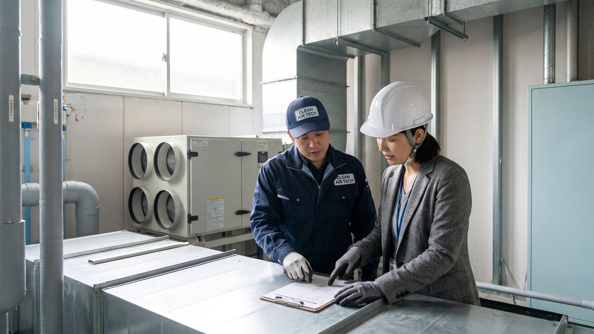Technicien et gestionnaire vérifiant le dossier d'installation de ventilation