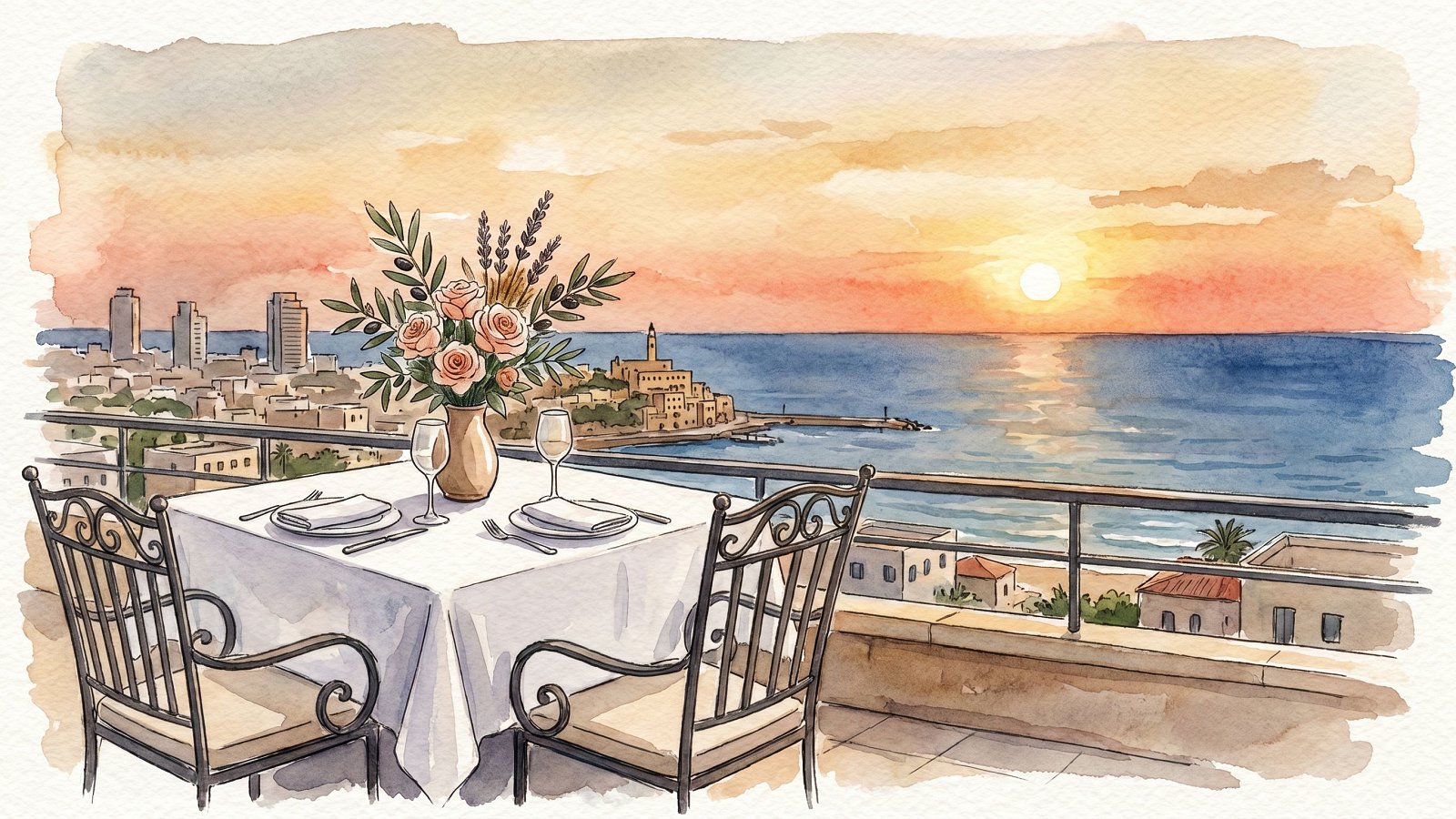 Kosher rooftop restaurant table set for two overlooking the Tel Aviv coast at sunset