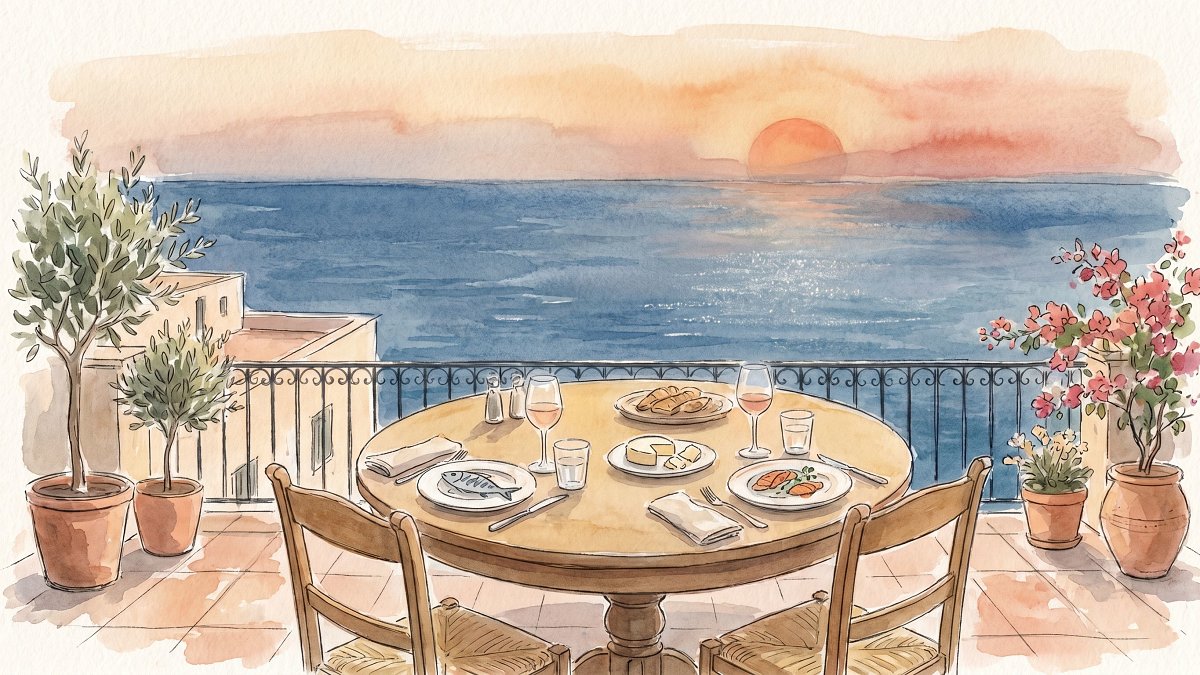 Rooftop terrace table for two facing the open sea at golden hour on the Tel Aviv coast