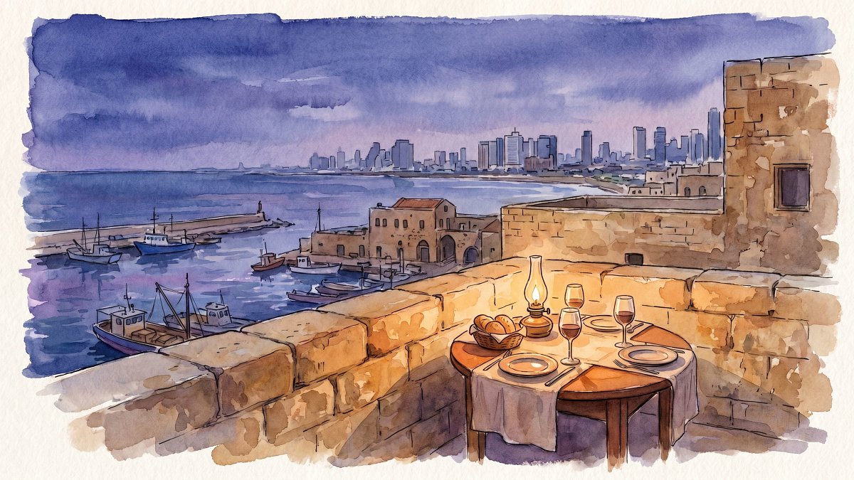 Old Jaffa stone rooftop at dusk overlooking the harbor and the Tel Aviv skyline