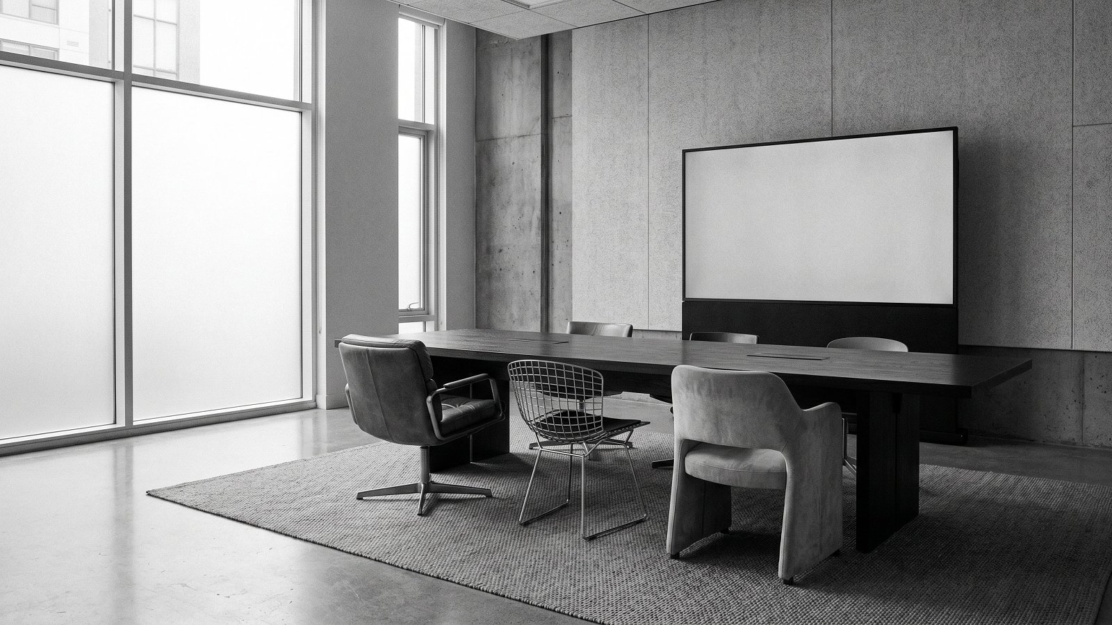 Three distinct empty chairs at a boardroom table representing the technical leadership decision