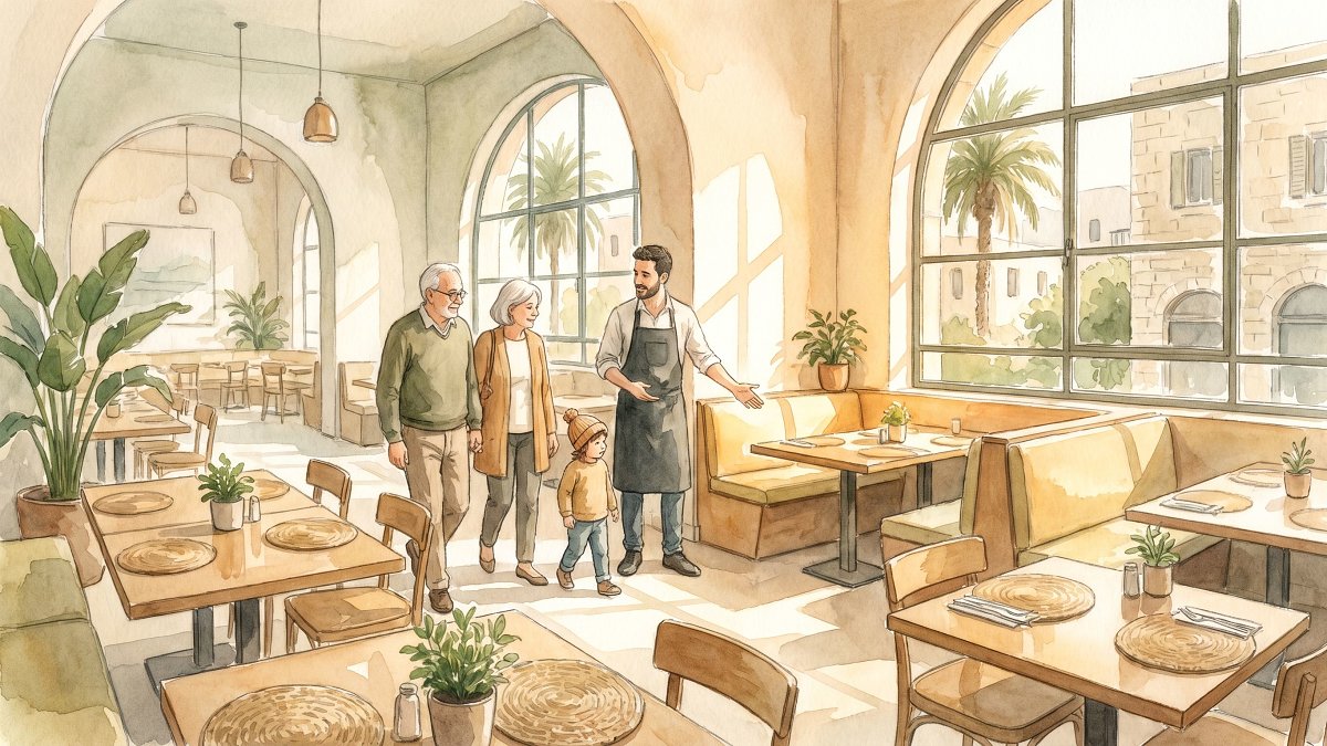 An early evening Tel Aviv kosher restaurant seating an older couple and a child