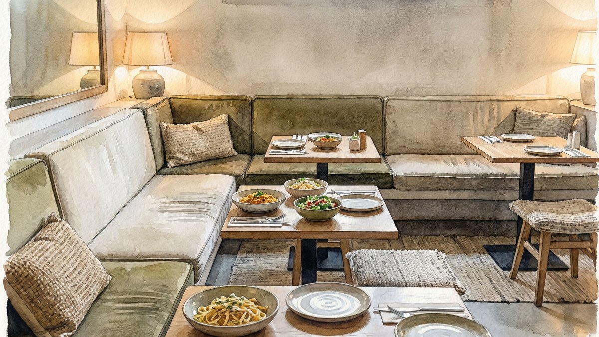 A quiet kosher dairy dining room in Tel Aviv with corner banquette seating