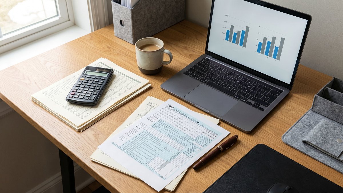 Bureau avec calculatrice et documents fiscaux pour arbitrer le régime LMNP