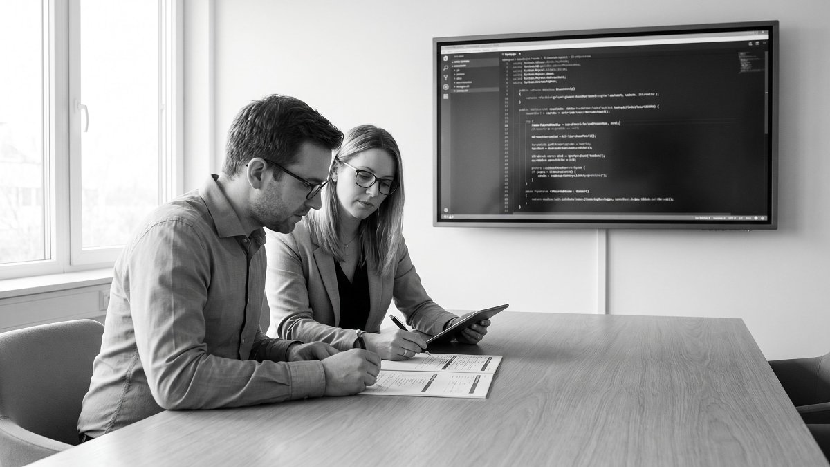 Two engineers scoring a candidate work-sample against a structured interview rubric